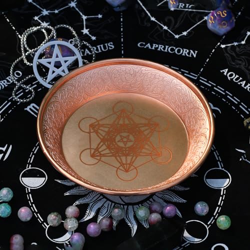 Copper Offering Prayer Ritual Bowl - Carving Metatron Brass Decorative Plate Great for use Witches,Smudging, Incense Burner Holder,Candle Dish, Ash Catcher,Jewelry Dish,Keys Basket - style: Metatron