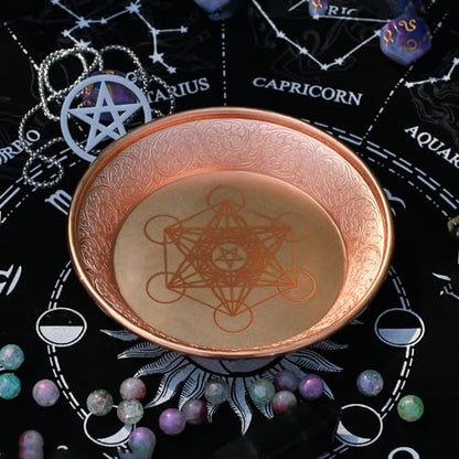 Copper Offering Prayer Ritual Bowl - Carving Metatron Brass Decorative Plate Great for use Witches,Smudging, Incense Burner Holder,Candle Dish, Ash Catcher,Jewelry Dish,Keys Basket - style: Metatron
