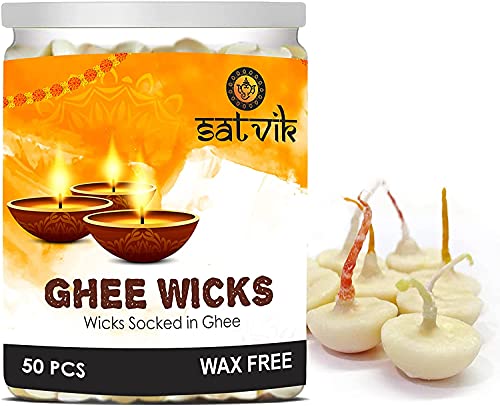 SATVIK 50 Pcs Pure Ghee Wicks for Puja Pooja for Home and Mandir. Nitya Pujan Readymade Ghee Jyot Jyoti Pujan Indian Housewarming Return Gift Items Puja Accessories. Diwali Diya Cotton Wicks