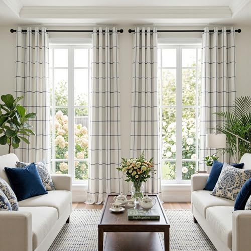 MYSKY HOME 100% Blackout Plaid Farmhouse Linen Curtains 54 Inch Length 2 Panels - Double Layer Checkered Windowpane Pattern Thermal Insulated Privacy Protection for Home, 52" W Each Panel, Navy Blue - color: Navy Blue, size: 52"W x 54"L (Pack of 2)