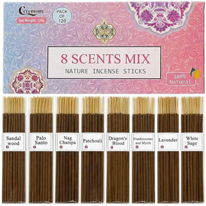 CEREMONY 8 Scents Incense Sticks, 8 in 1 Mix Incense,120 Stick Incense for Mediation,100% Natural-Handmade for Yoga, Organic-Chemicals-Charcoal-Free Purification-Relaxation
