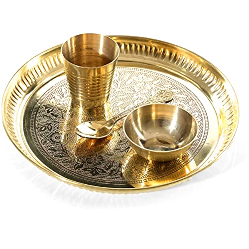 Decorative Brass Flower Design Pooja Thali Set of 4 Pcs,Indian Traditional Brass Pooja 1 Plate with 1 Bowl, 1 Glass and 1 Spoon for Temple and Home Bhog Thali Set Gift (Size:-8'')(Golden) - size: 7 Inches