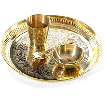 Decorative Brass Flower Design Pooja Thali Set of 4 Pcs,Indian Traditional Brass Pooja 1 Plate with 1 Bowl, 1 Glass and 1 Spoon for Temple and Home Bhog Thali Set Gift (Size:-8'')(Golden) - size: 7 Inches