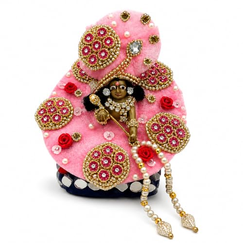 DREEMOH GOD'S TREAT Kanha Ji Zardozi Poshak – Silk Net Designer Dress for Krishna Ji | Bal Gopal Dress with Necklace, Pagri, ANG Rakha | Idol Outfit for Thakur Ji (Pink, 6 Inch) - color: Pink, size: Pack of 1 (6 Inch)