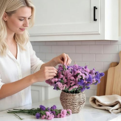 Preserved Forget Me Not & Natural Dried Purple Statice Flowers with Rattan Basket, Rustic Farmhouse Bouquet, Long Lasting Floral Centerpiece for Dining Table Home Decor Living Room