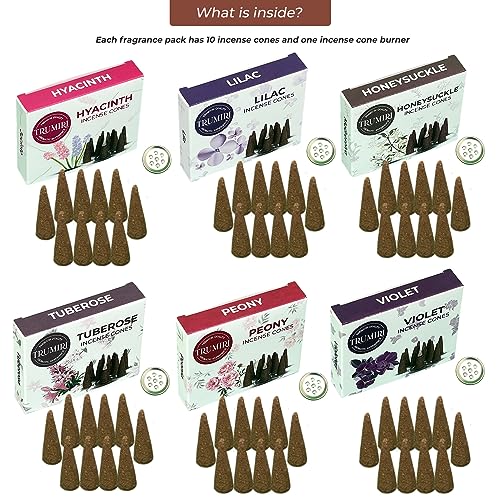 TRUMIRI Blossom Incense Cones - Variety Pack - Total 60 Cone Incense (6 Scents x 10 Conos) - Peony, Lilac, Violet, Honeysuckle, Hyacinth, Tuberose - Cone Incense Scents - Insense Cones - Incent Cone - color: Blossom