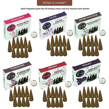 TRUMIRI Blossom Incense Cones - Variety Pack - Total 60 Cone Incense (6 Scents x 10 Conos) - Peony, Lilac, Violet, Honeysuckle, Hyacinth, Tuberose - Cone Incense Scents - Insense Cones - Incent Cone - color: Blossom