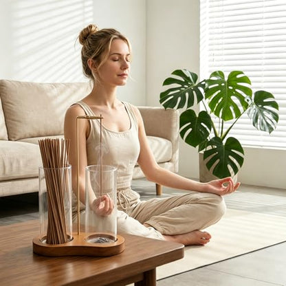 2 in 1 Incense Holder for Sticks with Detachable Glass Ash Catcher - color: Natural Wood Color