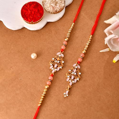 Premium Designer Bhaiya Bhabhi Rakhi Set with Lumba, Greeting Card, Roli Chawal & Fridge Magnet - color: Design-2