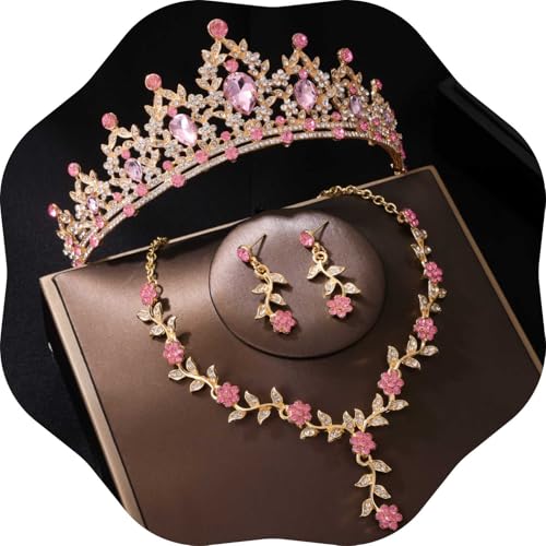 Kamirola Tiaras and Crowns for Women,Tiaras Earrings Necklace, Crystal Bridal Jewelry Set, Costume Party Halloween Prom Pageant Jewelry for Women(TR45) - color: Gold Pink