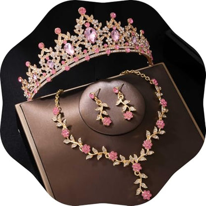 Kamirola Tiaras and Crowns for Women,Tiaras Earrings Necklace, Crystal Bridal Jewelry Set, Costume Party Halloween Prom Pageant Jewelry for Women(TR45) - color: Gold Pink