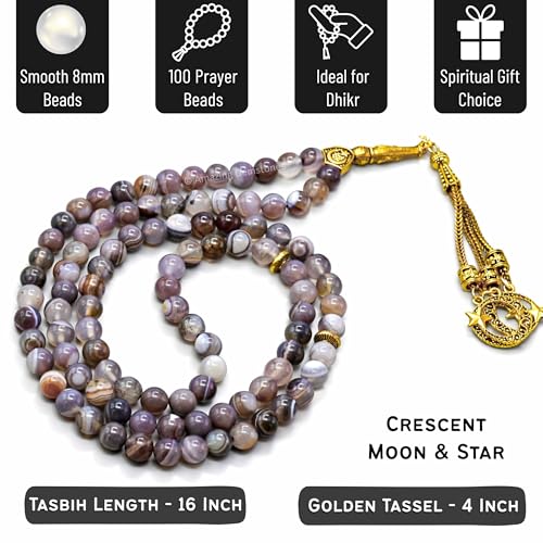 Amazing Gemstone Crystal Tasbeeh with Moon and Star Charm - Certified Crystal Muslim Prayer Beads Natural Gemstone Tasbih Gift for Ramadan Dhikr and Daily Namaz (G) - color: Botswana Agate