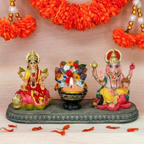 BangBangDa Lakshmi Ganesha Statue with Diya - 4.1" H Polystone Hindu Goddess Laxmi and Ganesa Idol for Diwali/New Year/Birthday/Wedding Gift for Indian Home Temple Mandir Altar Puja Murti Item