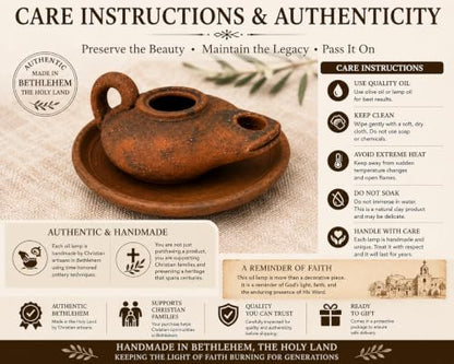 Biblical Oil Lamp Set, Handmade Holy Land Clay Lamp with Plate & 2 Wicks - color: Antique / Black