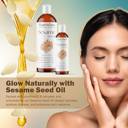 Plant Guru Sesame Seed Oil 16 fl. oz. – Cold Pressed, 100% Pure & Natural Carrier for Skin, Face, Body, Hair, and Cooking. Great for DIY Creams, Lotions, and Lip Balms.