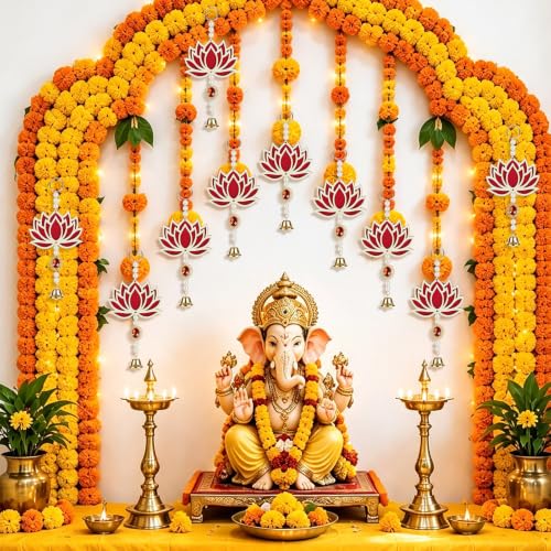 10 Pcs Lotus Decorations for Pooja Diwali Decoration for Home Indian Floral Lotus Hangings for Temple, Wedding, Festival, Wall, Navratri, Ganesh Pooja, Puja, Hindu, Shubh Labh, and Christmas Garlands