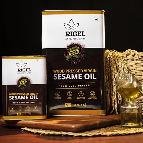 Rigel Spices | Naturally Milled Cold Pressed Sesame Oil in a Eco-Friendly Tin 169 fl oz(5L Tin) | No Preservatives - size: 169 Fl Oz (Pack of 1)
