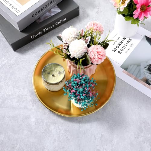 4 Pcs Gold Tray, Round Gold Tray Decorative Serving Jewelry Bar Jewelry Dish Key Bowl Mirror Dresser Decoration Vanity Trays Makeup Organizer for Bathroom Candle Perfume Countertop (9 Inch)