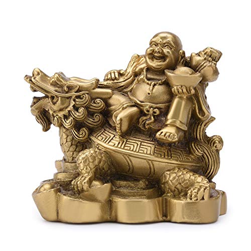 Brass Ruyi Laughing Buddha Dragon Turtle Statue, Feng Shui Decor, 3.3in (H) - size: 3.3'' H
