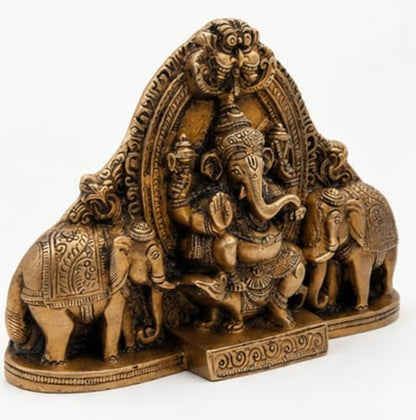 Brass Lord Ganesha with Elephant Statue, Handmade Ganesh Idol, Hindu Home Temple Decor, Vastu Feng Shui Figurine, Housewarming Gift