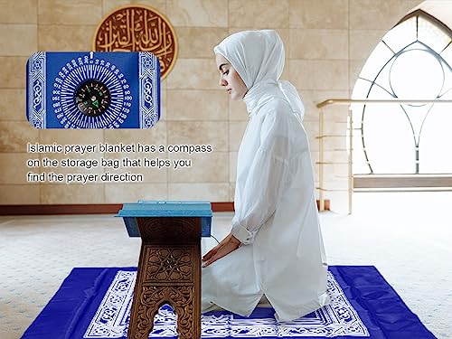 1 Piece Prayer Mat, Musilm Prayer Mat, Polyester Prayer Rug, Portable Travel Prayer Mat, Travel Prayer Rug with Compass, for Muslim Prayer, Ramadan(Blue, 60CMx100CM)