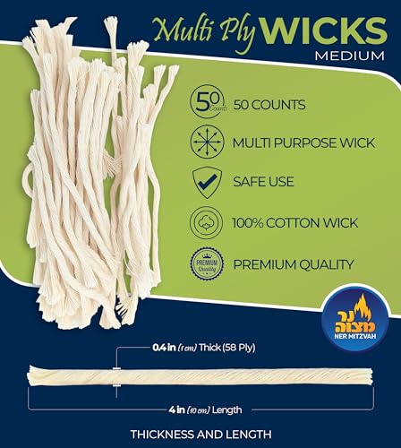 Ner Mitzvah Natural Smokeless Cotton Wicks – 50 Count (Approx.) 58 Ply Medium Thickness for Oil Cup Candle – Replacement Wicks - size: Medium