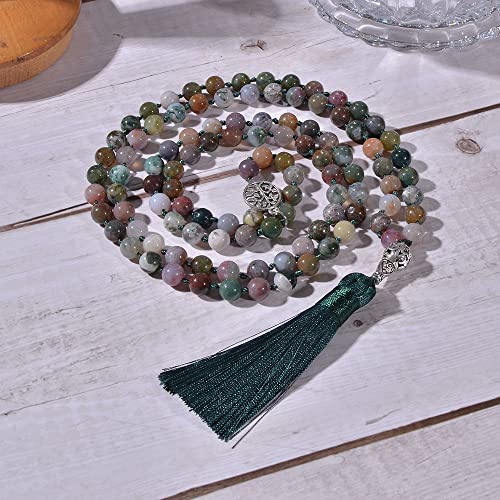 108 Mala Prayer Beads Necklace Natural Stones Meditation Yoga Jewery 108 Hand Knotted Japa Mala Beaded Long Tassel Necklace with Tree of Life Pendant for Men and Women - color: 8mm Indian Agate