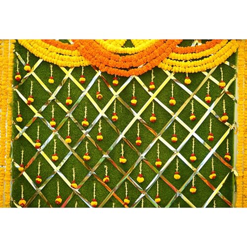 12x8ft India Pooja Photography Backdrop Yellow Flower Green Flower Wall Hindu Photography Background Indian Wedding Puja Ganpati Pooja Traditional Mehndi Festival for Kids Adult Studio Video - size: 12x8ft