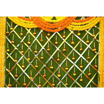 12x8ft India Pooja Photography Backdrop Yellow Flower Green Flower Wall Hindu Photography Background Indian Wedding Puja Ganpati Pooja Traditional Mehndi Festival for Kids Adult Studio Video - size: 12x8ft