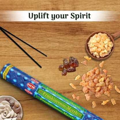Hem Frankincense Myrrh Incense Sticks - 120 Count | Natural Air Purifying Aromatherapy | Calming and Cleansing Fragrance | Perfect for Meditation and Relaxation | Long-Lasting Burn. - size: 20 Count (Pack of 6)