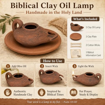 Biblical Oil Lamp Set, Handmade Holy Land Clay Lamp with Plate & 2 Wicks - color: Antique / Black