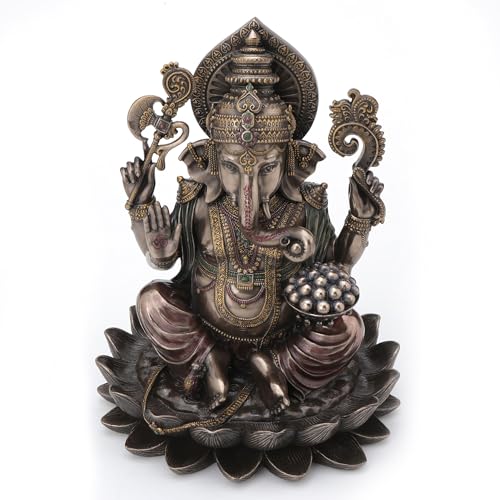 Veronese Design 9 7/8 Inch Lord Ganesha Sitting on Lotus Hindu God Antique Bronze Finish Resin Statue