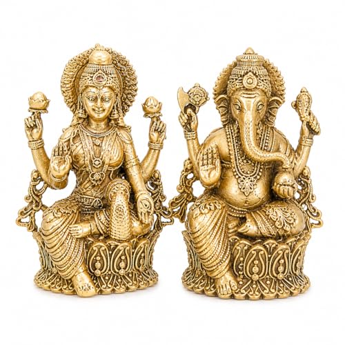 BEXCO Brass Statues, Lakshmi and Ganesha Figurines Set Height 2" inches (Approx.) Each, Lord Ganesha and Goddess Laxmi Pair for Daily and Diwali Pooja - size: 2 inch A