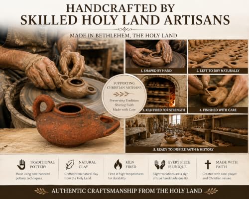 Biblical Oil Lamp Set, Handmade Holy Land Clay Lamp with Plate & 2 Wicks - color: Antique / Black