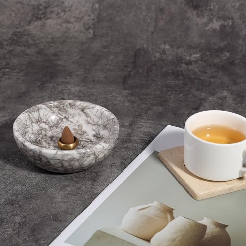 Koville Natural Marble Incense Holder, Incense Holder for Sticks with 9 Holes, Handmade Incense Burner Ash Catcher for Meditation Yoga SPA, Balsam Fir/Palo Santo/Sage/Cone (Gris Lido) - color: D=130-gris Lido