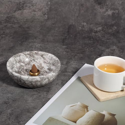 Koville Natural Marble Incense Holder, Incense Holder for Sticks with 9 Holes, Handmade Incense Burner Ash Catcher for Meditation Yoga SPA, Balsam Fir/Palo Santo/Sage/Cone (Gris Lido) - color: D=130-gris Lido