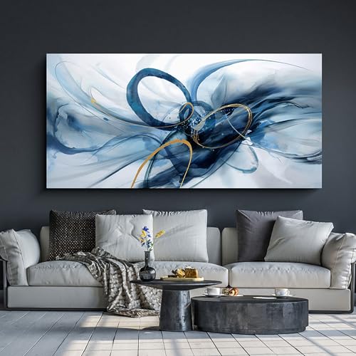 XLSJERST Extra Large Canvas Wall Art - Modern Abstract Abstract Wall Art for Living Room Wall Decor Blue and White Picture Artwork for Living Room Office Bedroom Home Decoration - color: Blue and white and gold, size: 30x60 inches
