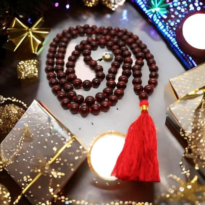 Japa Mala 108 + 1 Hand Knotted Meditation Rosary Natural Red Wood Rosewood Prayer Beads | Finger Counter for Pooja, Yoga, Original Buddhist Rosary