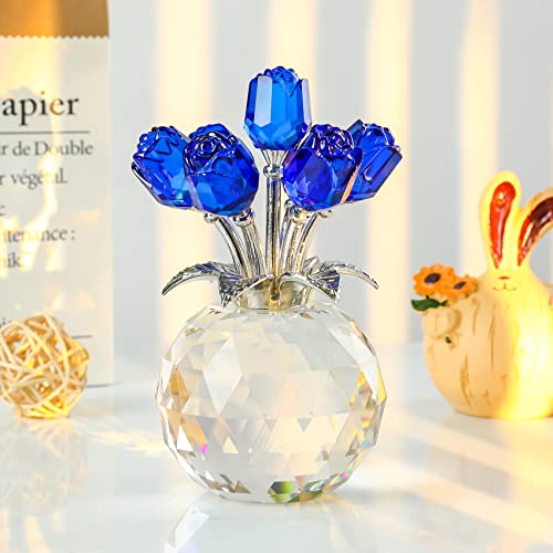 Movdyka Blue Crystal Rose Glass Flowers with Vase Figurine Home Decor - color: Blue-crystal Rose