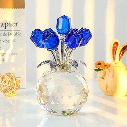 Movdyka Blue Crystal Rose Glass Flowers with Vase Figurine Home Decor - color: Blue-crystal Rose