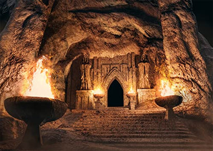 BELECO 20x10ft Fabric Ancient Temple Entrance Cave Backdrop for Photography Underground Temple with Monk Statues and Burning Torches Medieval Castle Dungeon Background Halloween Party Photo Props - size: 20x10FT