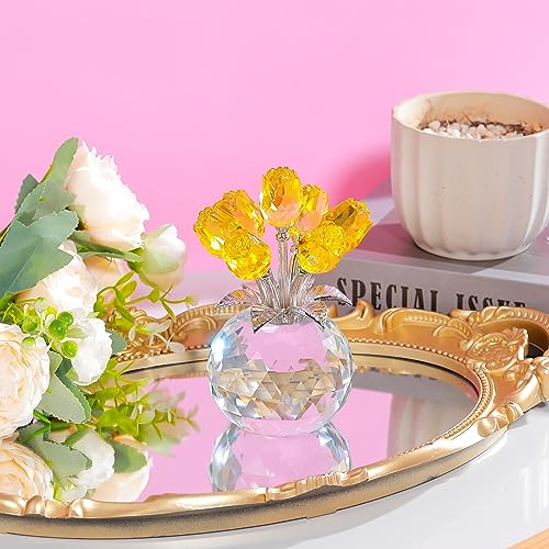 Movdyka Yellow Crystal Rose Glass Flowers with Vase Figurine Home Decor - color: Yellow-crystal Rose