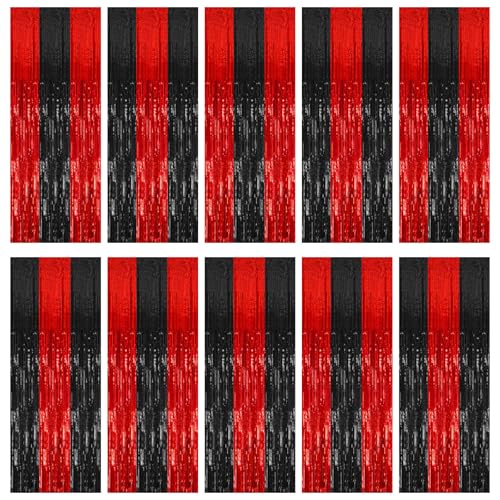 10 Pack Black and Red Backdrop Party Decorations Tinsel Curtain Halloween Party Streamer Foil Fringe Birthday Decorations Photo Booth Fancy Ball Christmas New Year Graduation Party Decor Decor - color: Black Red, size: 39.4"w X 78.7"l (Pack of 10)