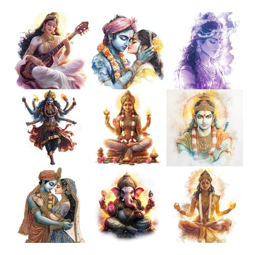 Hindu God Sticker Set – 9 Pack – Glossy Vinyl – Krishna, Radha, Shiva, Ganesha, Saraswati, Lakshmi – Multiple Sizes (2 Inch, 9, Count) - size: 2 Inch