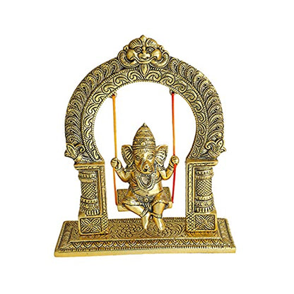 Ganesh Swing/ Metal Ganesha Sitting jhula and Decorative Statue/Ganesh Jhula Jhoola/ God Ganpati Idol on Swing for Temple Pooja Office Showpiece/Indian Traditional New year Gifts (Size:-8''X12'')