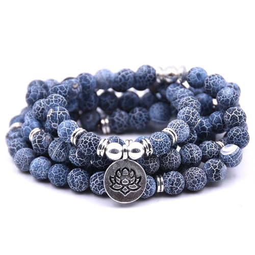 108 Mala Beads Bracelet Necklace - Gemstone Prayer Beads with Lotus Charm for Meditation & Yoga - style: Blue Crackle Agate