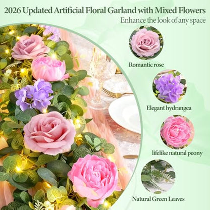 Livole 2Pcs 12 Ft Flower Garland with Light, Pink Peony Floral Garland - color: Pink With Light, size: 2Pcs