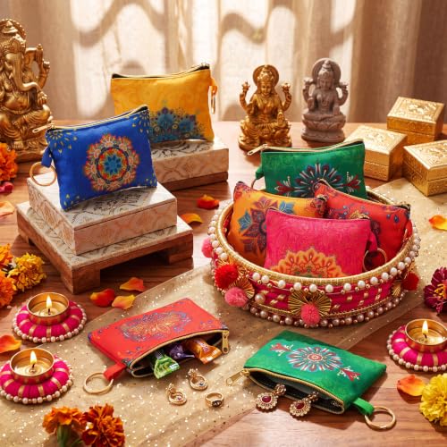 18 Pcs Indian Return Gifts for Pooja Mandala Lotus Motifs Purse - style: Mandala Lotus
