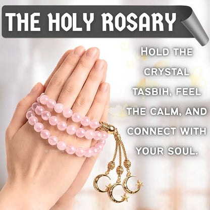 Amazing Gemstone Crystal Tasbeeh with Moon and Star Charm - Certified Crystal Muslim Prayer Beads Natural Gemstone Tasbih Gift for Ramadan Dhikr and Daily Namaz (G) - color: Rose Quartz