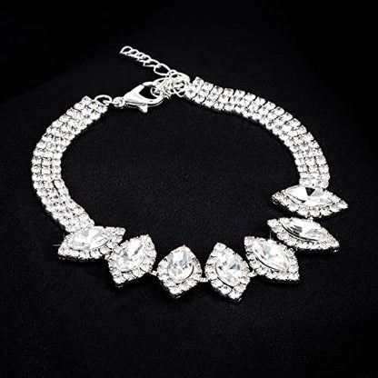 CIEHER 4/5 Pieces Women Jewelry Set - Rhinestone Crown + Drop Necklace + Elegant Bangle Bracelet + Crystal Teardrop Dangle Earrings for Bridal Wedding Party - color: Silver